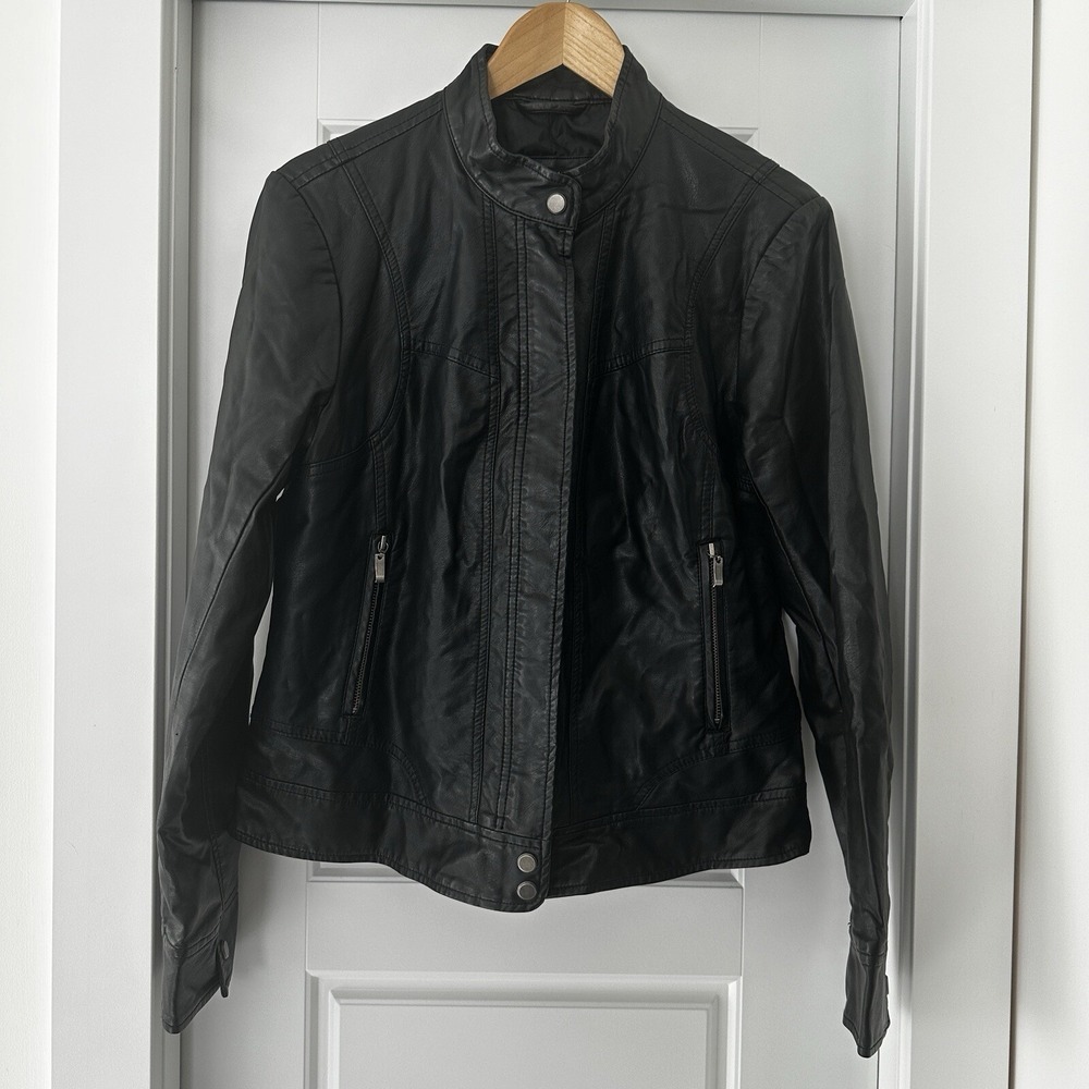 Bernardo Faux Leather Moto Jacket Womens Large Black Zip‎ Front Cafe Racer